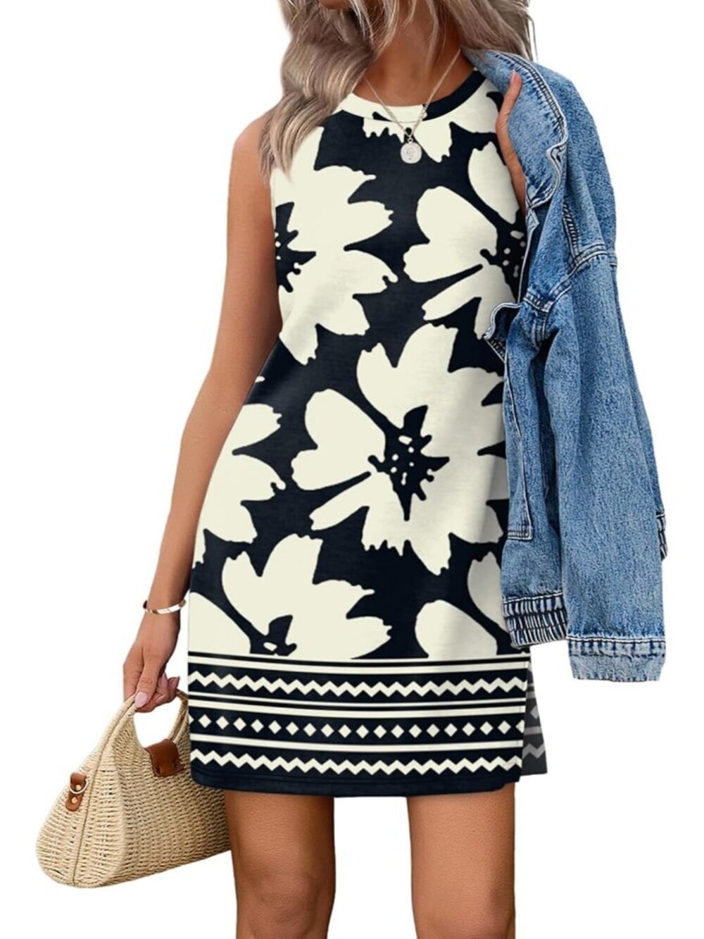 Women's Black White Flower Summer Casual Dress Crewneck Sleeveless Tank Dress - Picture 1 of 5